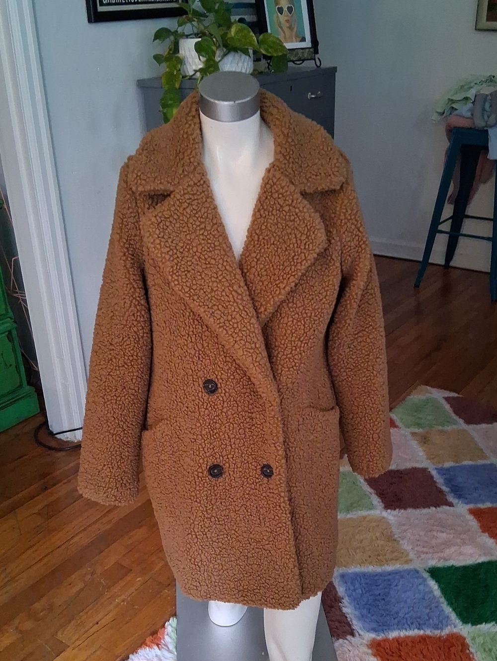 Nine West Camel Brown Teddy Double-Breasted Coat
